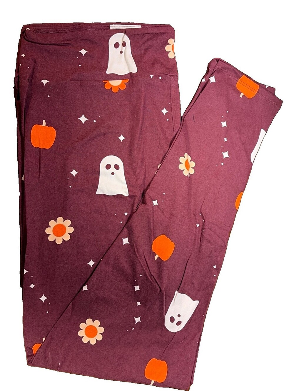 NWT LuLaRoe TC2 Halloween Burgundy Ghosts & Flowers Print Leggings Size 20-26 - Picture 1 of 7